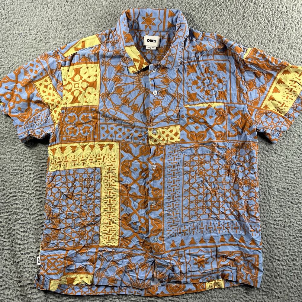 OBEY Jacques Shirt Mens Large Blue Orange Geometric Tile Viscose Camp Button Up